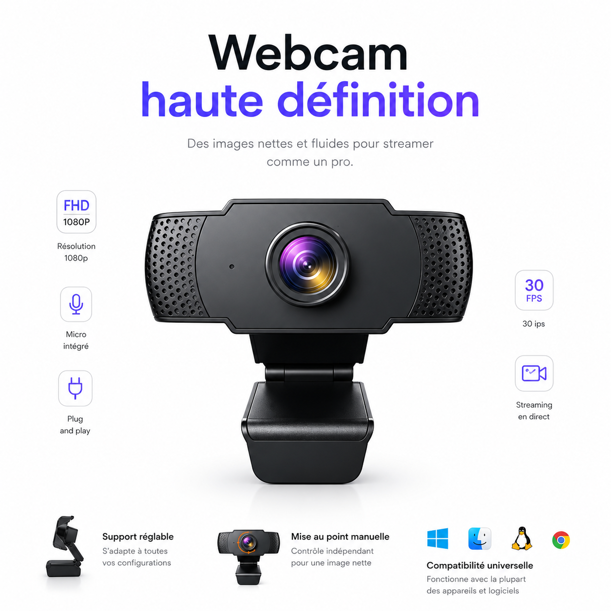 FrameLight 1080 Webcam USB avec Micro Intégré