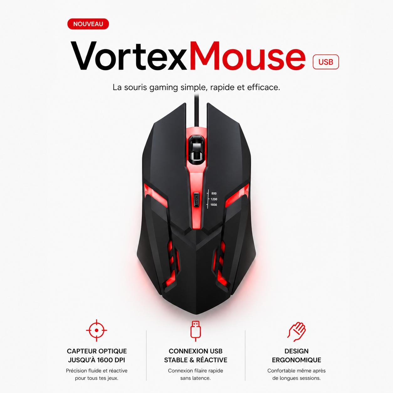VortexMouse USB Souris Filaire 1600 DPI