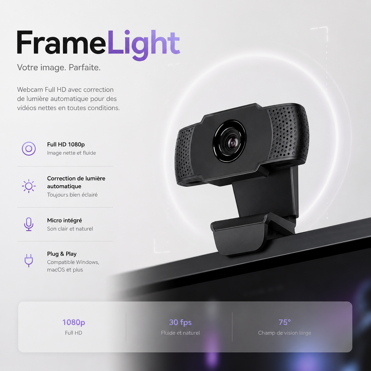 FrameLight 1080 Webcam USB avec Micro Intégré