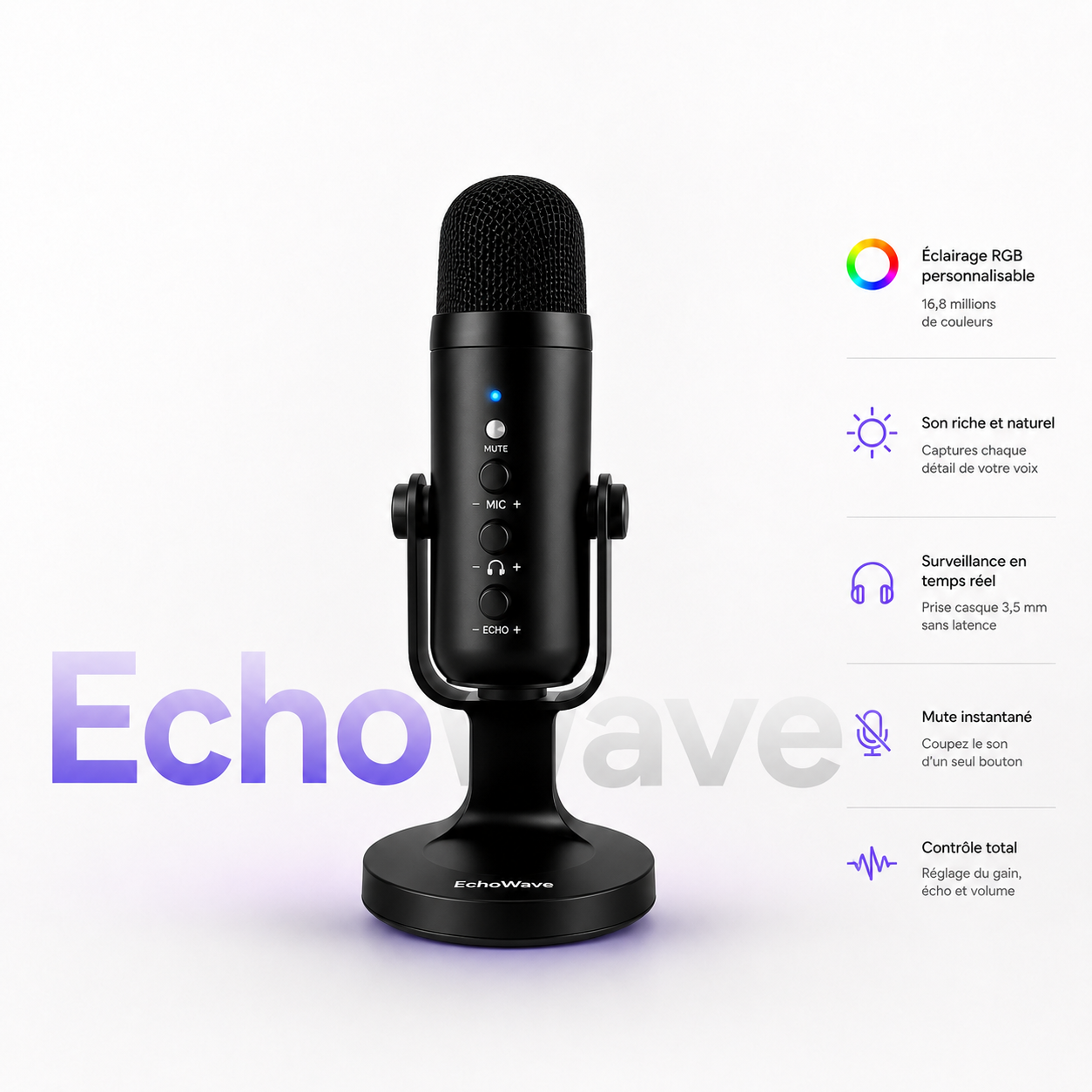 EchoWave RGB Micro USB pour Discord & Stream