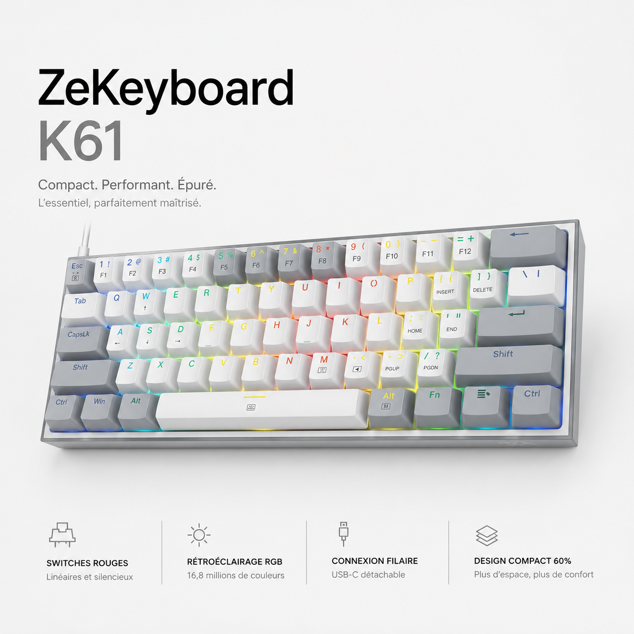 ZeKeyboard K61 Clavier mécanique 60% RGB