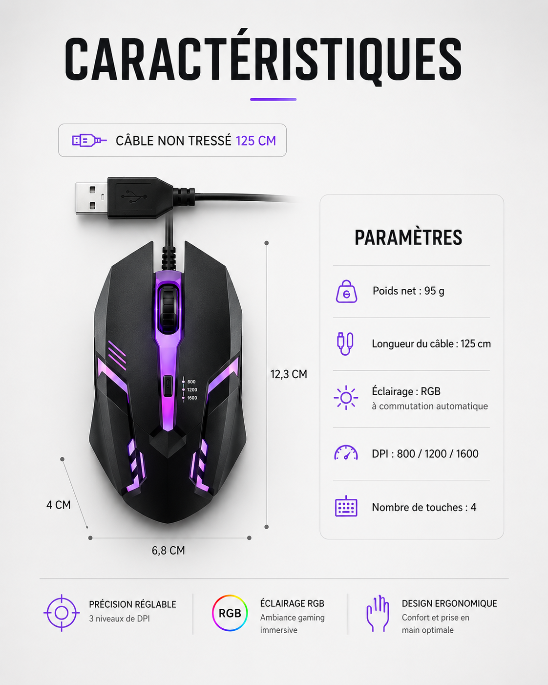 VortexMouse USB Souris Filaire 1600 DPI