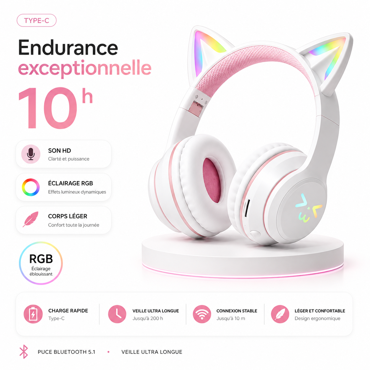 NekoSound RGB Casque Gaming Oreilles de Chat