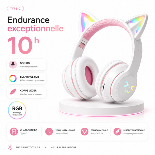 NekoSound RGB Casque Gaming Oreilles de Chat