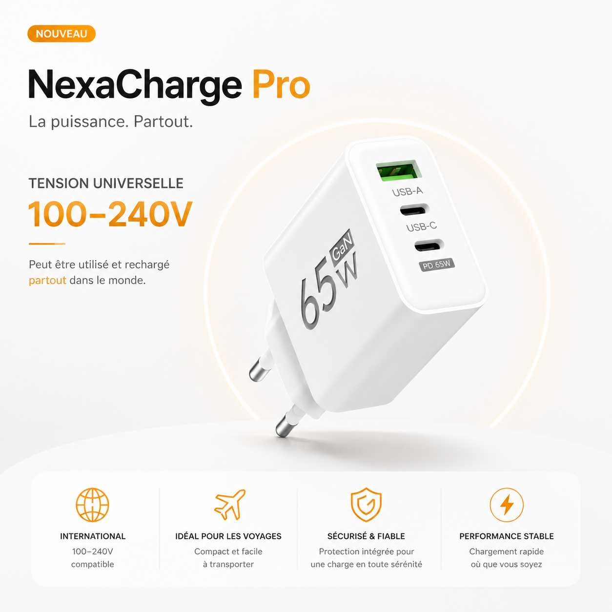 NexaCharge Pro Adaptateur USB-C PD 65W