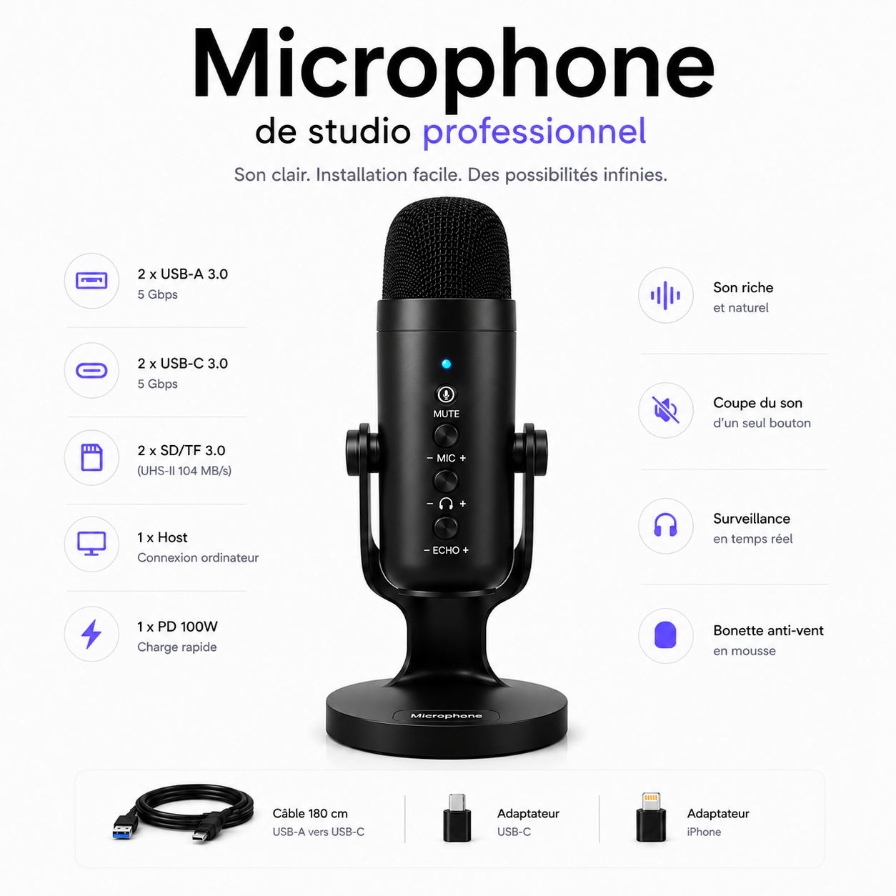 EchoWave RGB Micro USB pour Discord & Stream