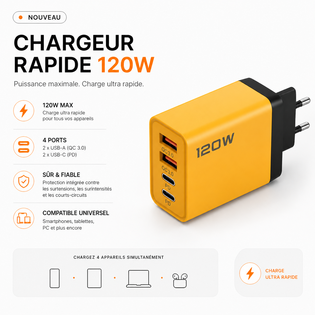 VoltCore 120 Chargeur rapide USB-C 4 ports