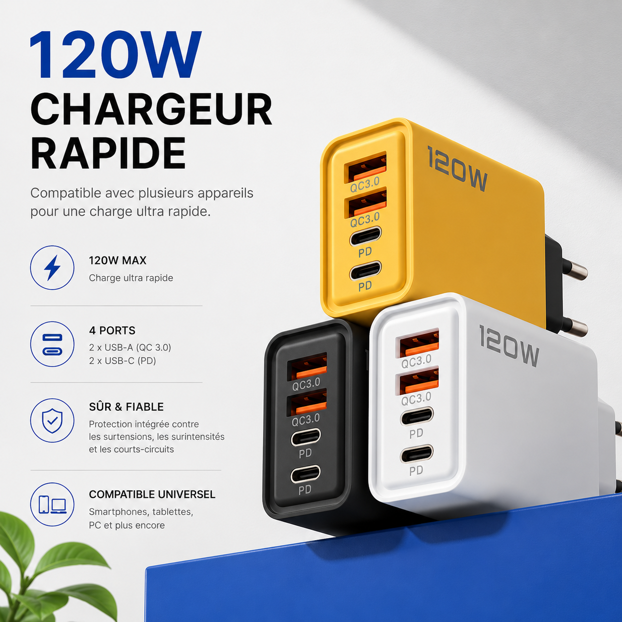 VoltCore 120 Chargeur rapide USB-C 4 ports