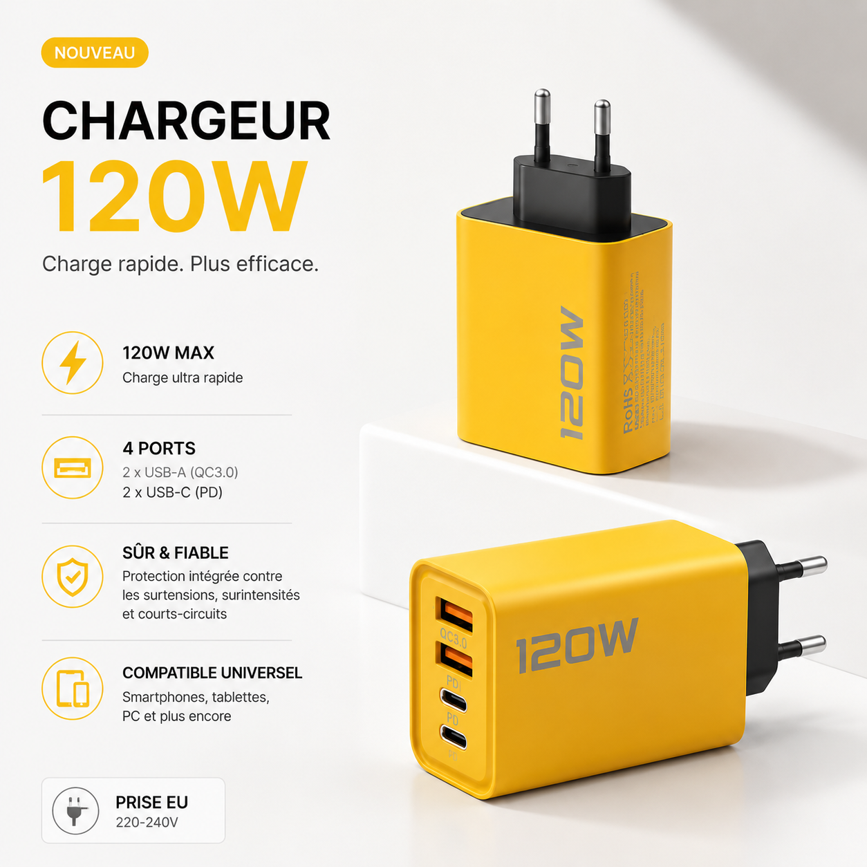 VoltCore 120 Chargeur rapide USB-C 4 ports