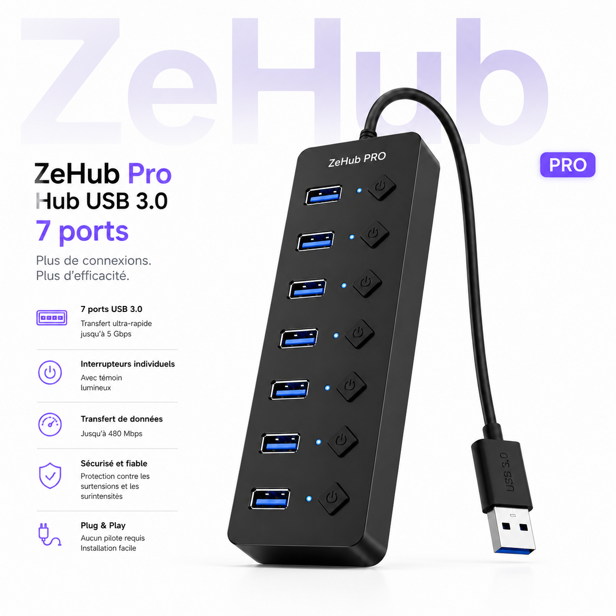 ZeHub Switch Hub USB multiports avec interrupteurs