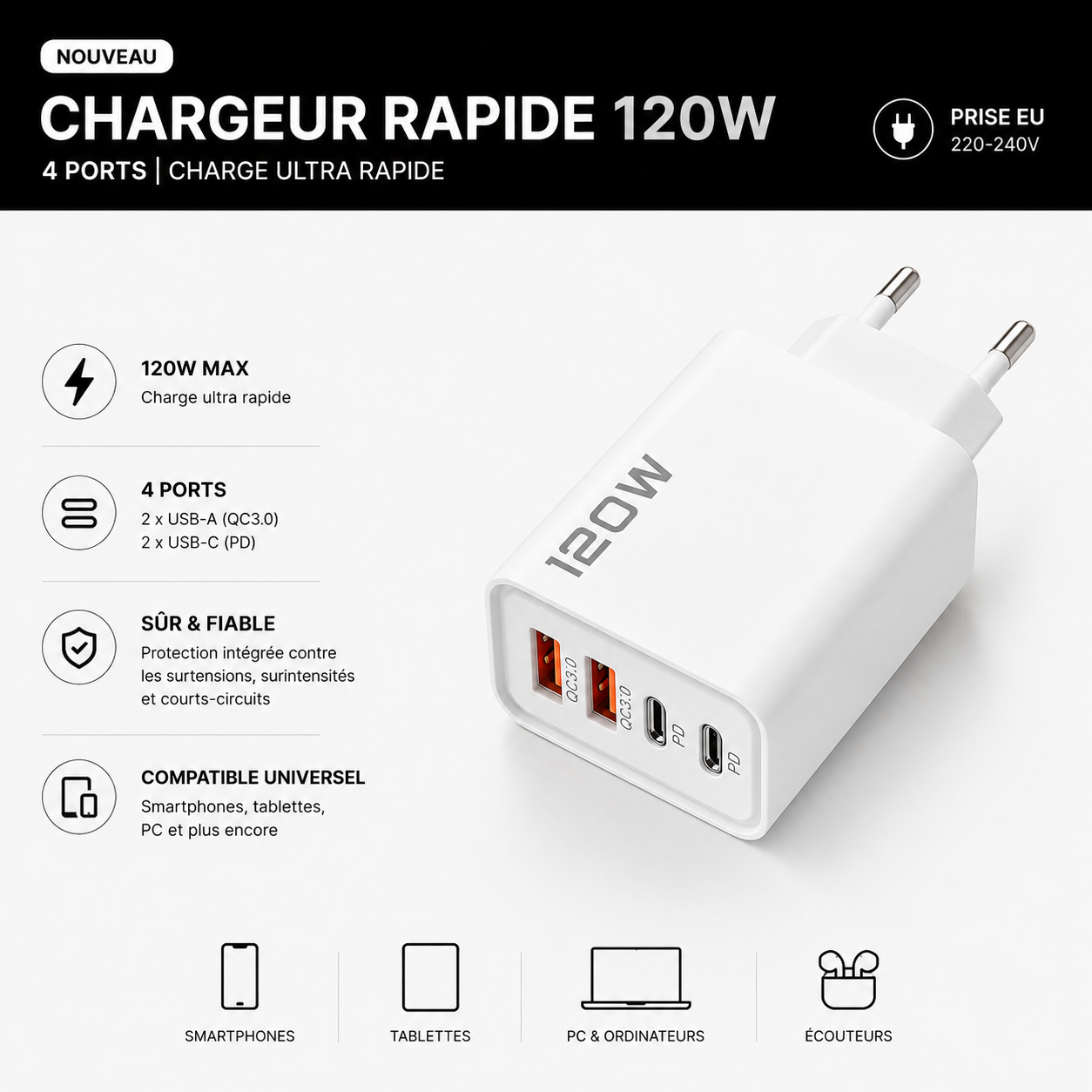 VoltCore 120 Chargeur rapide USB-C 4 ports
